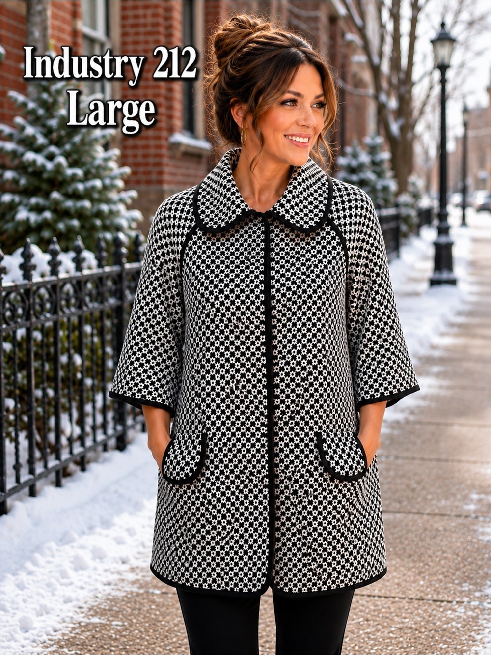 Industry 212 Black White Geometric Jacket L Lined 3/4 Sleeve Pockets